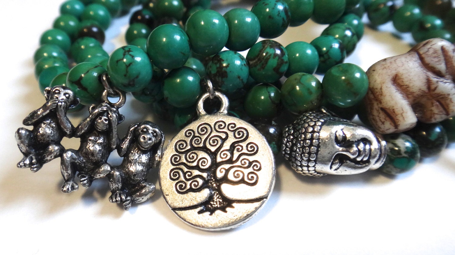 Forest Green Beaded Bracelet with Silver Tree of Life