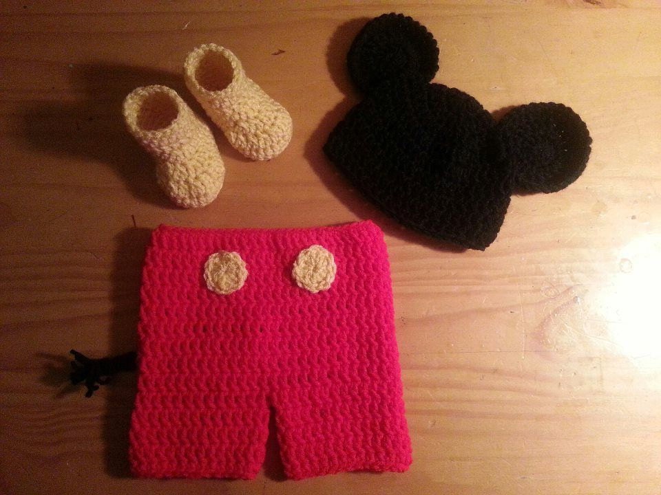Baby Mickey Mouse Inspired Costume Set Hat, Shorts & Booties - Crochet Winter Outfit Newborn Boy Girl Halloween Thanksgiving Photo Prop