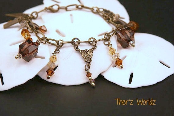 Mothers Day gift, brown bracelet, steampunk bracelet, charm bracelet, amber bracelet, charm bracelet, earth tone bracelet, bracelet