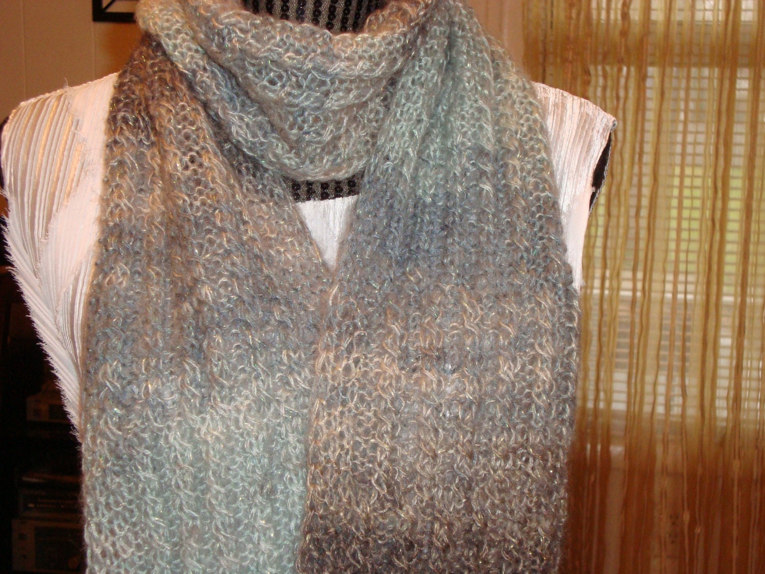 Sale.Knit.Scarf  Green Shades.Mom.Wide.Long.Cable. Mohair.Sparkle.Graduated  Colors.