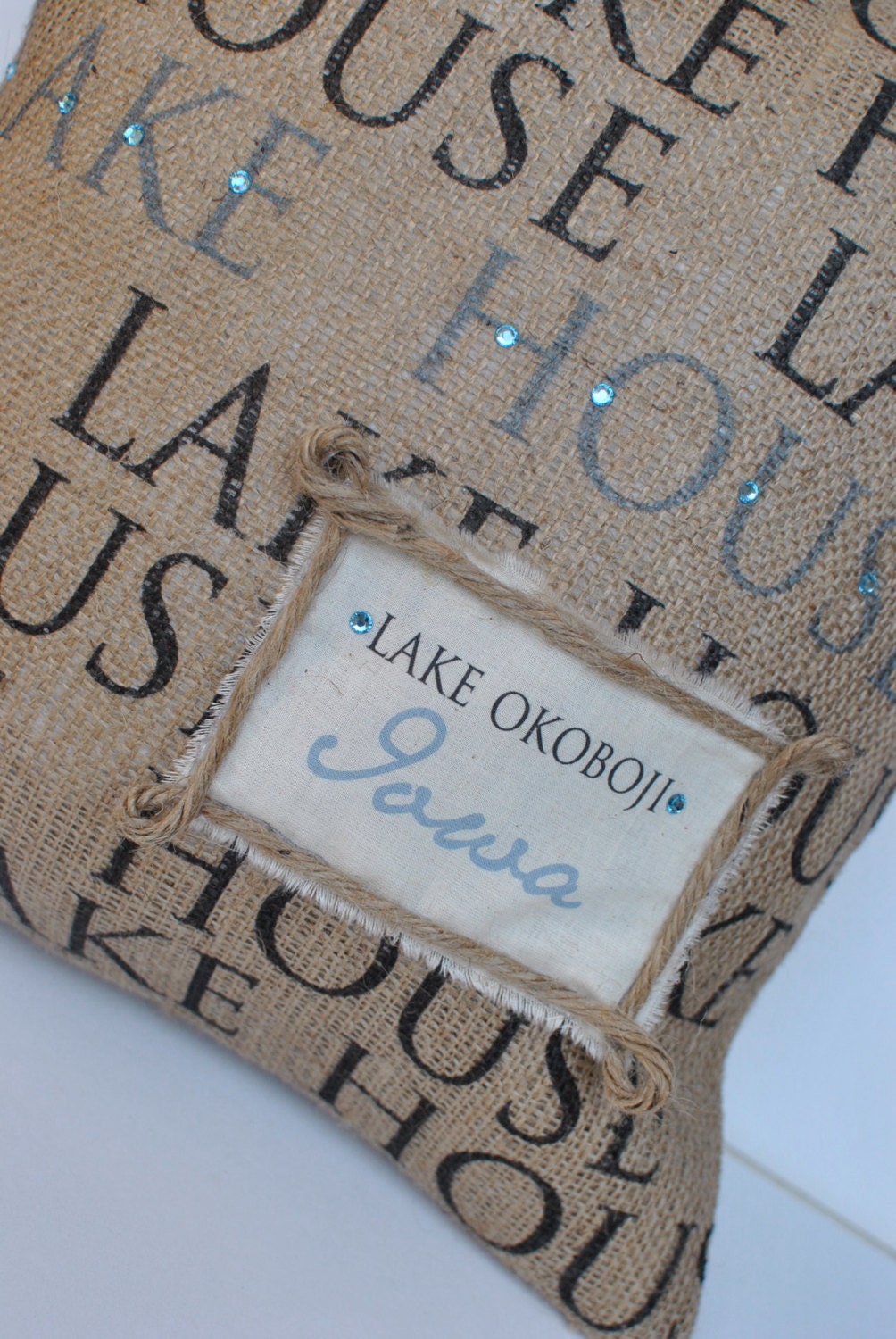 Lake House Personalized Beach themed burlap pillow