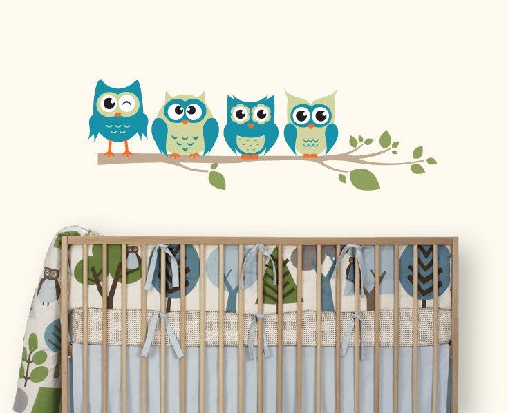 Owl Wall Decal, Owls on a Branch for Baby Nursery, Kids or Childrens Room