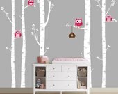 Owls and Birch Tree Forest Wall Decal, Birch trees, Birch forest, Birch Tree Owl Wall Vinyl for Nursery, Kids or Childrens Room