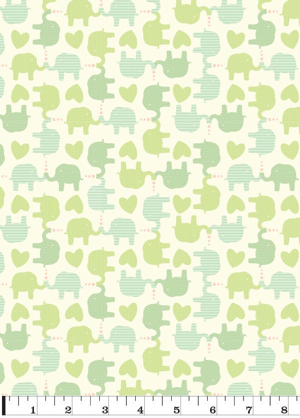 NEW - Anthology Fabric - Lullaby Baby Collection - Elephants and Hearts - Green