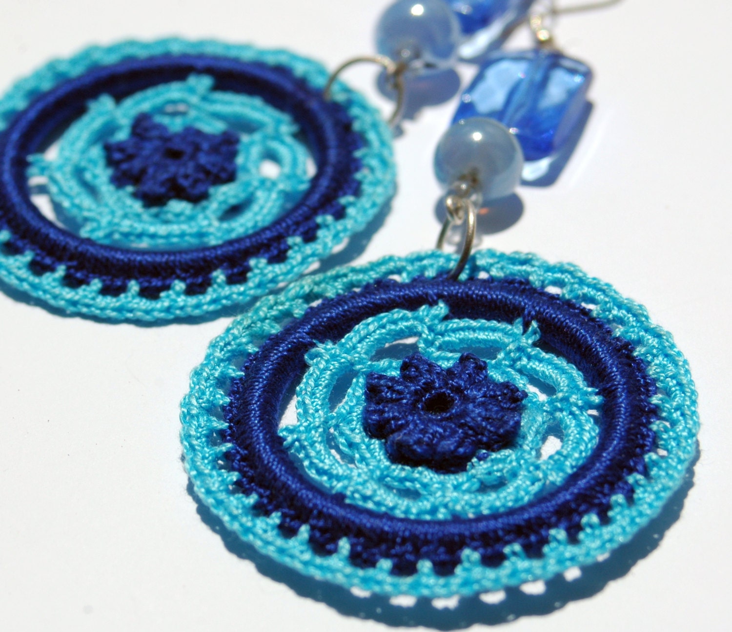 Crocheted  Earrings in Two Shades of Blue -Crochet jewelry - Fashion crochet - Round earrings