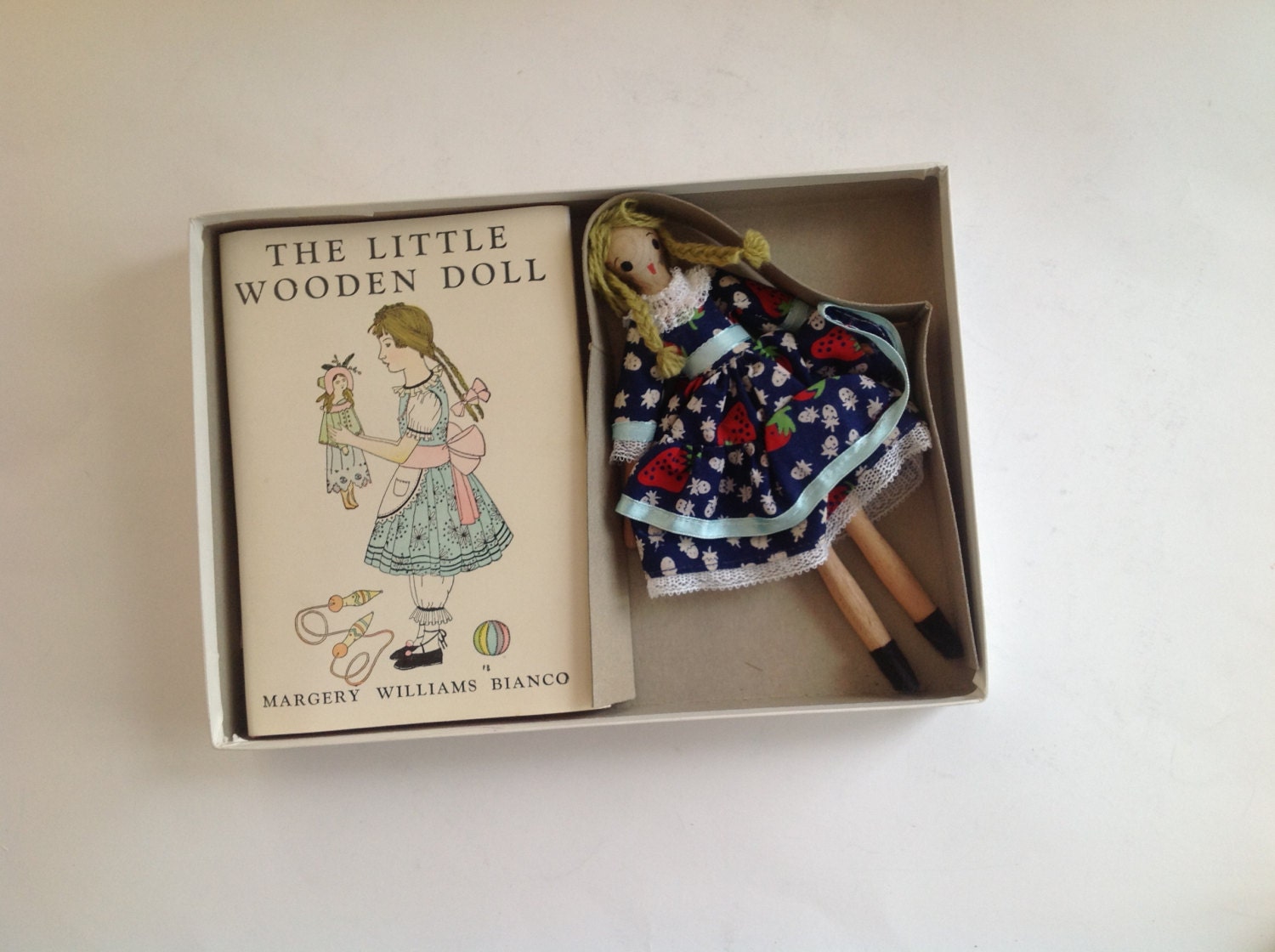 Vintage Little Wooden Doll with Book and Letter