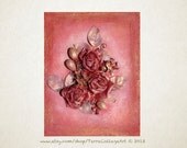Red and Gold Roses. 11x14in. Original Mixed Media Art. stylish floral home decor gift for her