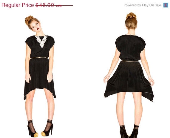 FESTIVAL SALE Upcycled Vintage Black & White Assymetric Hemline Applique dress