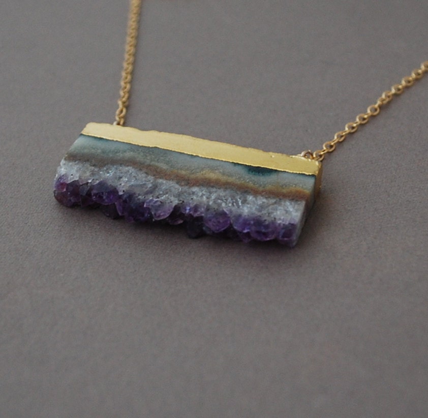 Double Connected Gold Amethyst Stalactite Slice Necklace