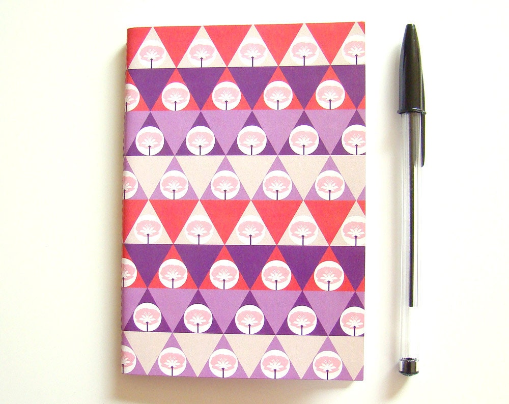 Notebook A6 Recycled Paper Geometric Pattern Triangles and Poppies // Pale pink Violet Orange