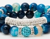 Charm Beaded Bracelet Stretch w/ Semi-Precious Stones and Swarovski Pave Bar