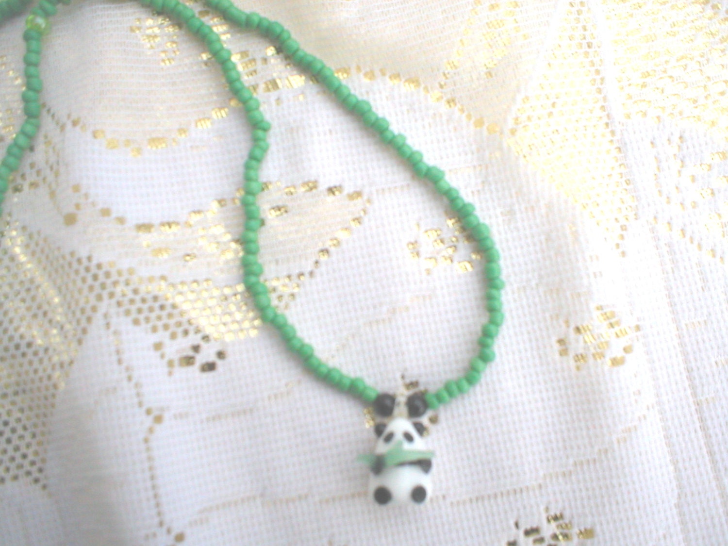 Beaded Green Necklace with Glass Panda Bear Pendant Stretch Necklace Unique Handmade Jewelry