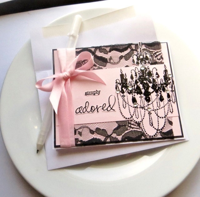 SIMPLY ADORED Handmade Card for her, Black Chandelier Greeting Card, Pale Pink and Black, Lace Card, Cute Stamp Embossed, Teen Girls