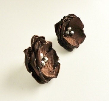 Brown Stud Flower Earrings, Small Fabric Studs, Posts, Rustic Fall Accessories, Cocoa Bridal, Rustic Autumn