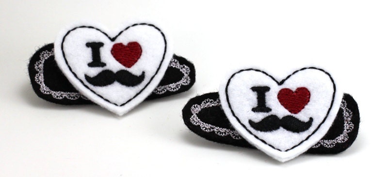 I Love Mustache Heart Felt Snap Barrette Hair Clips