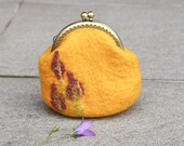 Coin purse - coin pouch - yellow with purple flowers felted wool coin purse - ready to ship