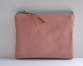 Large Leather Clutch Pouch in Pink with Blue Vintage Metal Zipper