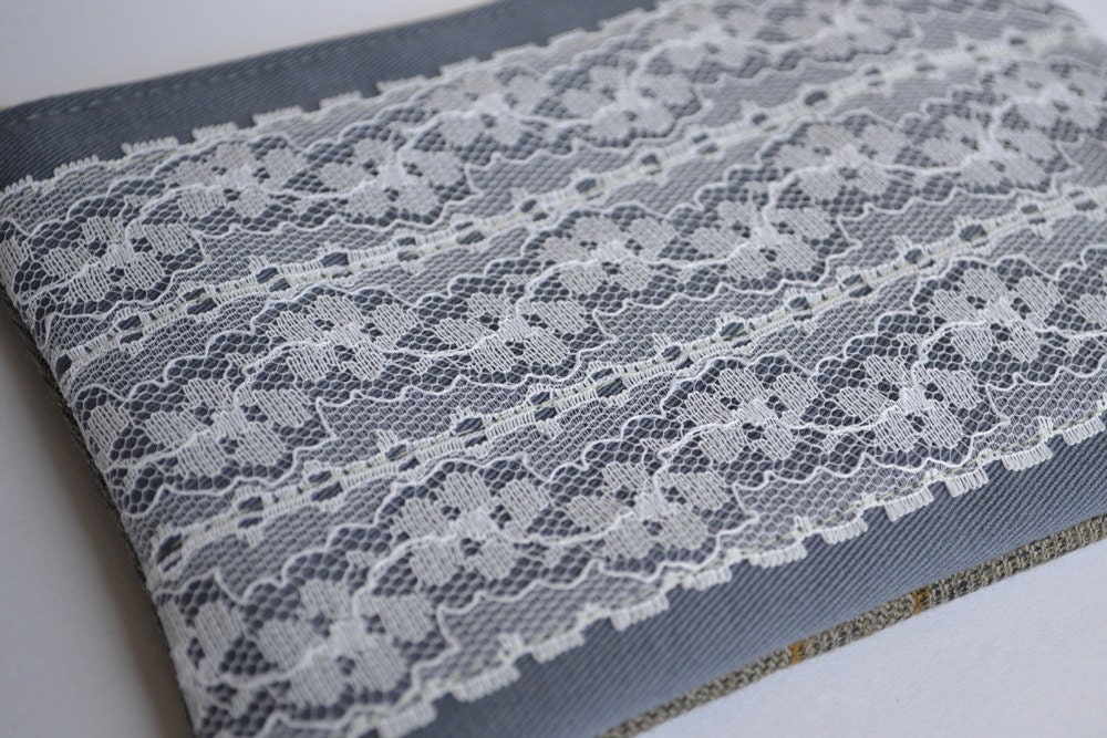 NEW - The Medium Allison - floral vintage lace zipper pouch with zipper closure cotton twill and striped cotton twill