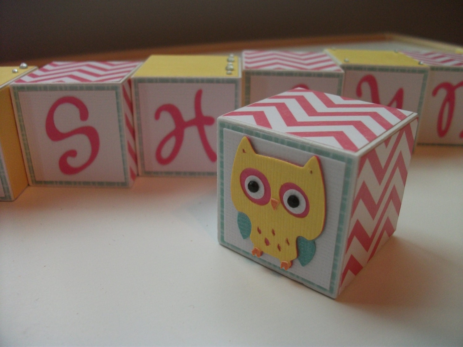 Owl - Pink Chevron - Girl Wooden Name Block Set
