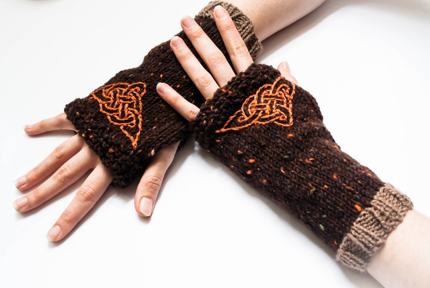 Fingerless Wrist Warmers - Knitted Irish Aran Tweed - Celtic Design - fingerless gloves