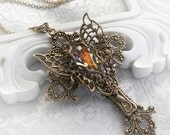 NEW CREATURE romantic Victorian cross Christian necklace in aged brass with Swarovski crystal, free gift boxing