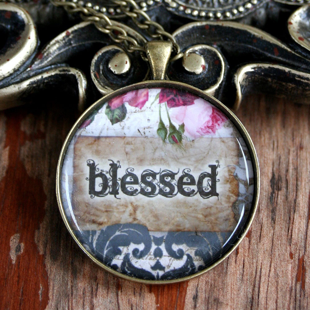 BLESSED Christian inspirational word, vintage paper glass pendant on 18" chain, gift boxed