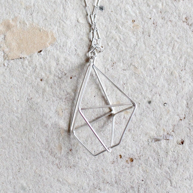 Giant diamond necklace.  Silver geometric, minimal, long necklace.  Sacred geometry