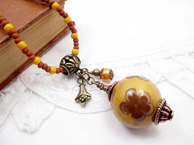 Lariat Necklace Hand Beaded Jewelry Metallic Gold Glass Pearl Seed Bead Necklace Retro Vintage
