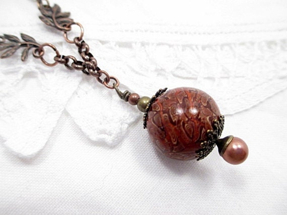 Copper Lariat Necklace Brown Earthtone Beaded Jewelry Handmade Victorian Upcycled Pearl Bohemian Boho Earthy Nature Natural Rustic