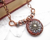 Copper Metallic Pendant Necklace Beaded Jewelry Upcycled Romantic Red Flower Mixed Media Metal Polymer Clay Bead