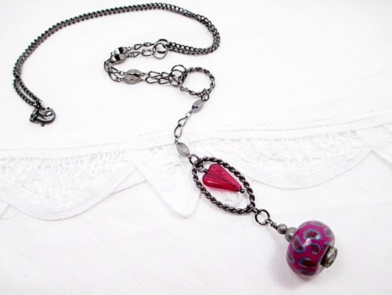 Gun Metal Lariat Pink Bead Necklace Beaded Jewelry Handmade Long Heart Love Romantic Victorian Boho Chic Statement