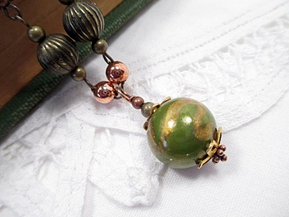 Green Bead Lariat Necklace Handmade Beaded Jewelry Upcycled Woodland Modern Metallic Copper Gold Polymer Clay Bead