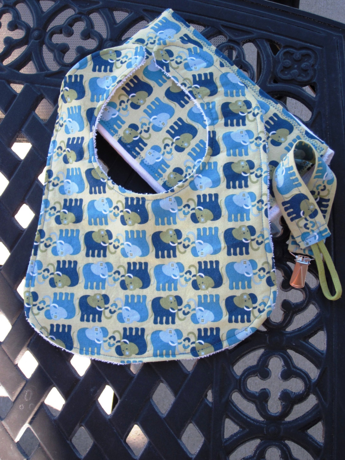 Baby Boy Gift Set - Baby Elephants- Bib, Burp Cloth, Pacifier Clip