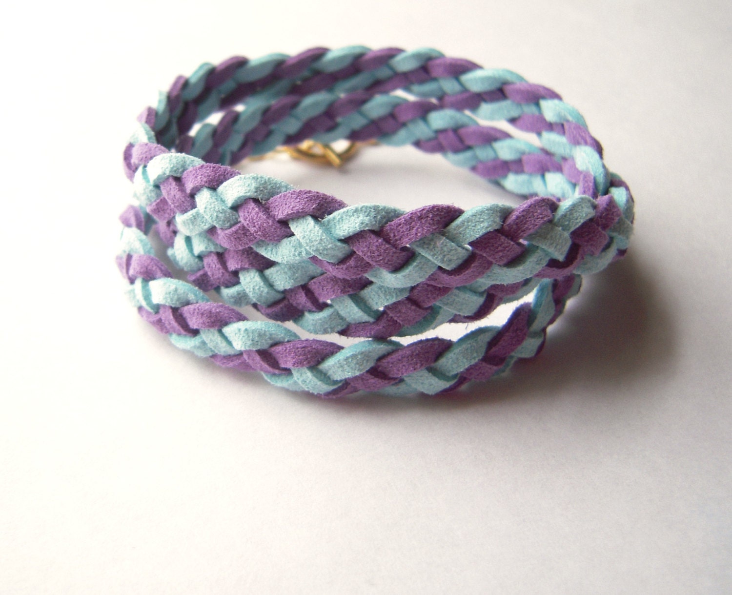 Beautiful Blue and Purple Braided Suede Bracelet, Gold and Leather Woven Wrap Bracelet