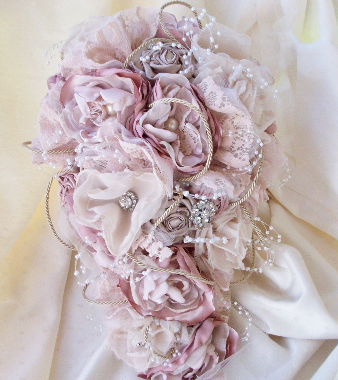 Fabric Bouquet/Vintage Styled Shabby Chic Fabric Wedding Bouquet/Alternative Bouquet/LTeardrop Bridal Bouquet with Pearls and Rhinestones
