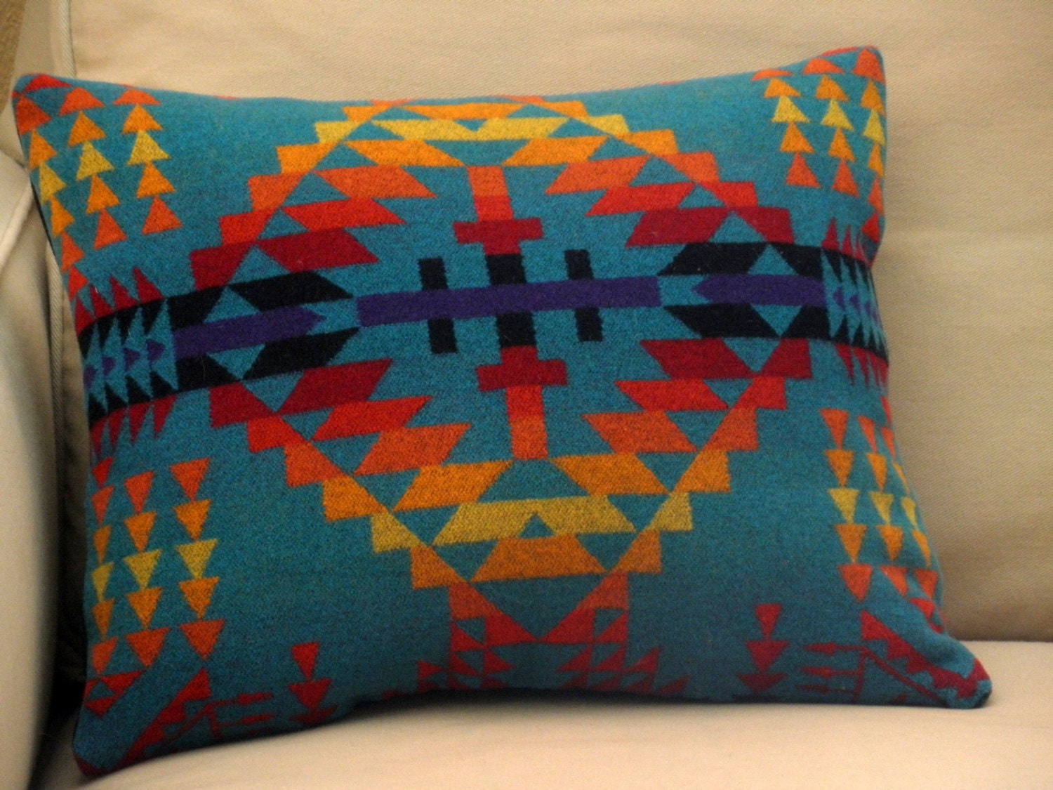 Aztec pillow, handmade of Pendleton blanket wool fabric, vibrant colors of the sunset,Turquoise, Red, Orange 15 x 17
