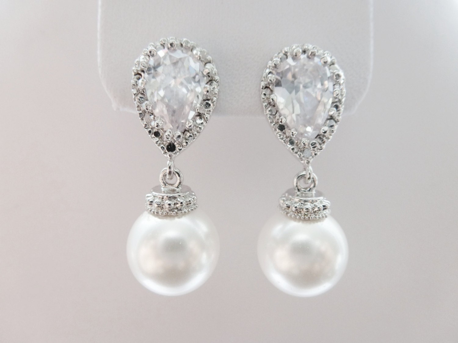 Bridal Earrings - Bridesmaids Earrings - Cubic Zirconia Ear Post With White Pearls Earrings