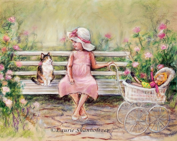 cat girl child print  kids pet pink green garden toddler art friends bench 8x10