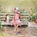 cat girl child print  kids pet pink green garden toddler art friends bench 8x10