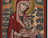 Mother of God breastfeeding The Child Jesus. Byzantine icon handmade painted.
