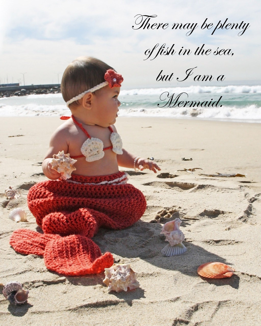 Crochet Mermaid Tail, Photo Prop Set - Coral/Pumpkin color, 6 months to 9 months  - Photography Prop, Cocoon,