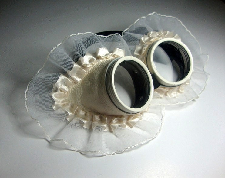 Real leather off-white, vanilla/eggshell steampunk wedding inspiried goggles. burning man the playa essentials