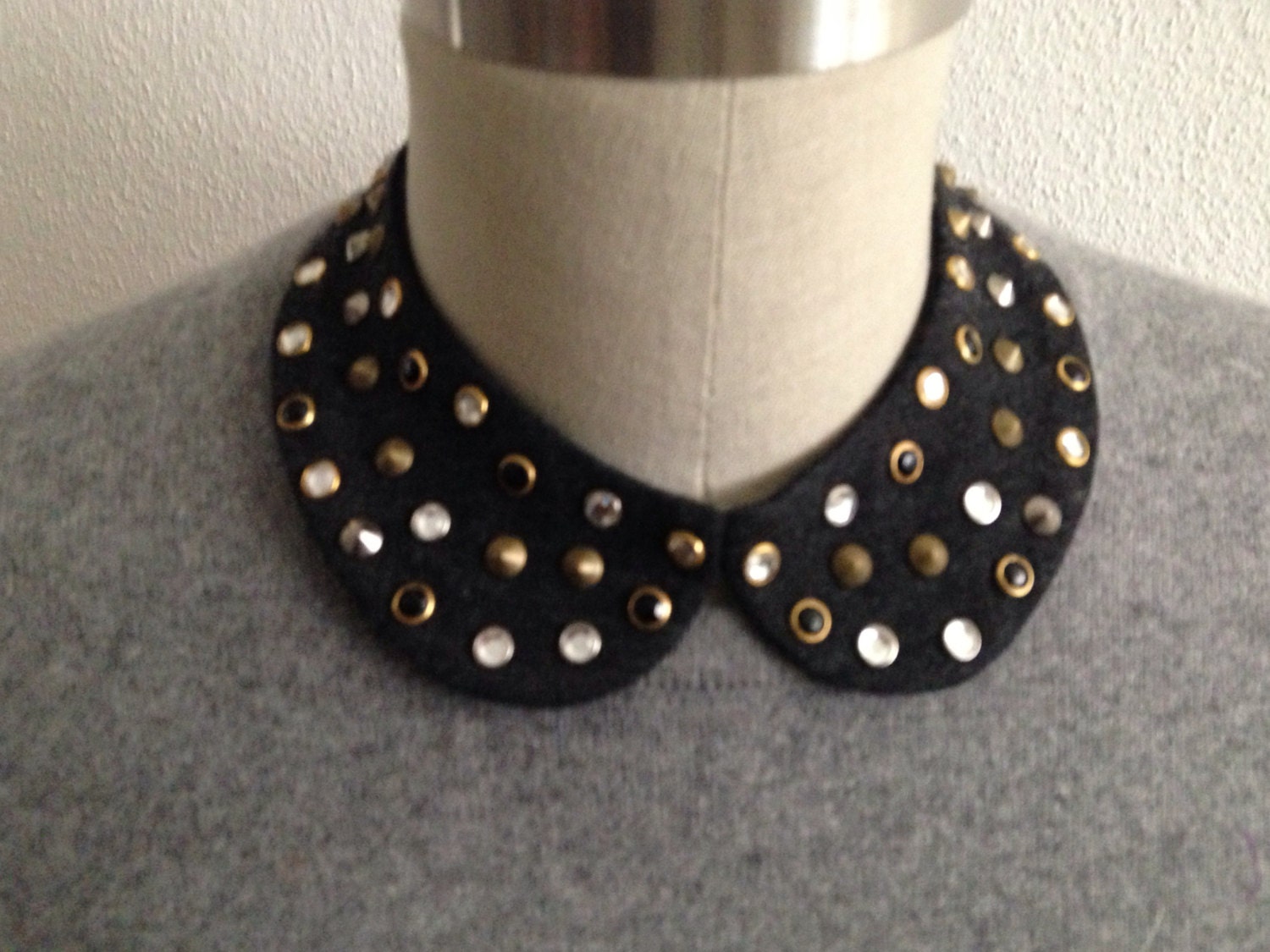 NEW Studded Peter Pan Collar - with mixed studs and rhinestones and adjustable gros grain bow closure