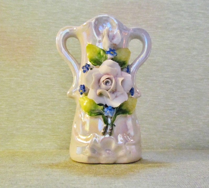 Miniature porcelain bud vase - c.1930's, 3-D roses, made in Germany