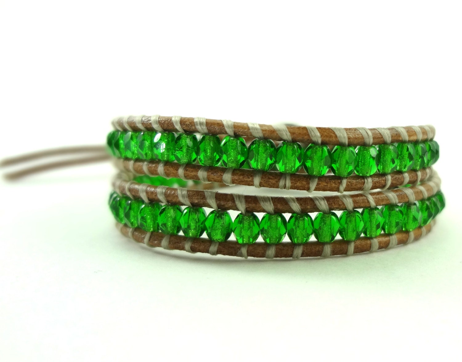 Emerald Czech Glass Double Wrap Bracelet by Wrapology- silver-lined emerald czech glass on natural tan leather