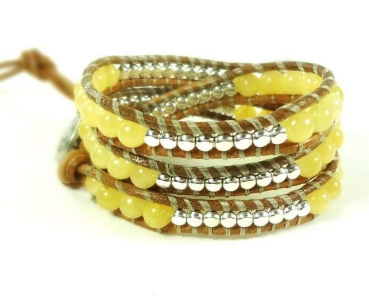 Yellow Jade and Silver Leather Wrap Bracelet by Wrapology- yellow jade, silver, natural tan leather, chan luu style, ready to ship