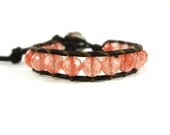 Cherry Quartz Single Wrap Bracelet by Wrapology - large faceted cherry quartz, antique brown leather cord