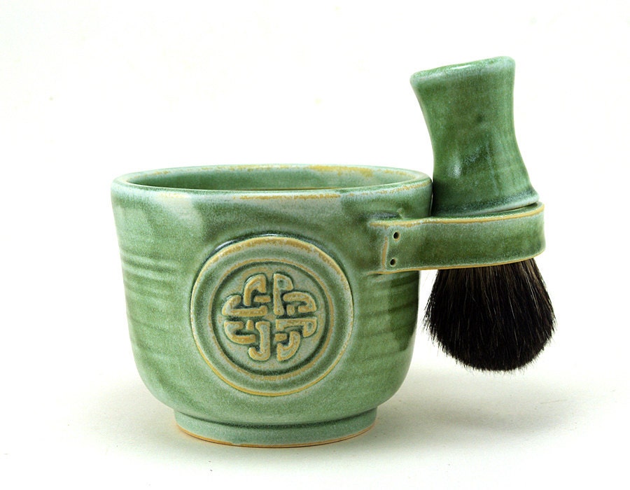 Shaving Set: Green Celtic Knot Shave Mug, Black Badger Hair Shave Brush, Shave Soap, Irish, Celts, Fathers Day Gift by MiriHardyPottery