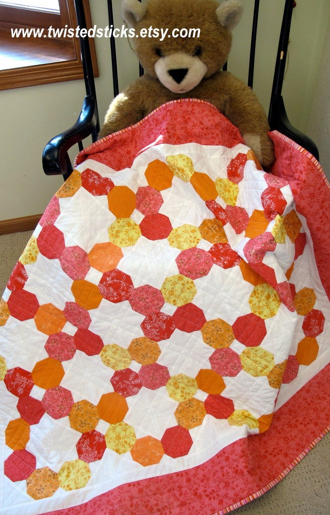 Geometric Lap Quilt, Modern Baby Quilt, Octagon Throw Quilt, Orange, Pink, Yellow
