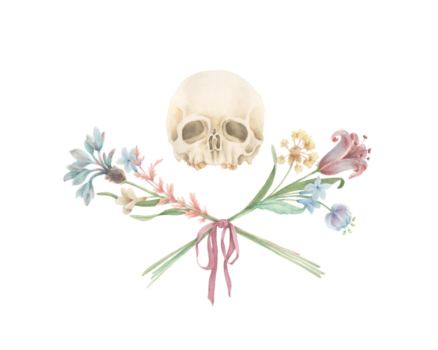 MINI PRINT of original watercolor "Skull x Flowers"- painting, art, anatomy, skull, floral